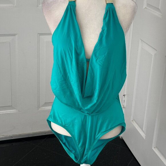Bar III Turquoise One-Piece Monokini Swimsuit M Cowl Neck Cutout Gold Hardware - Picture 2 of 14
